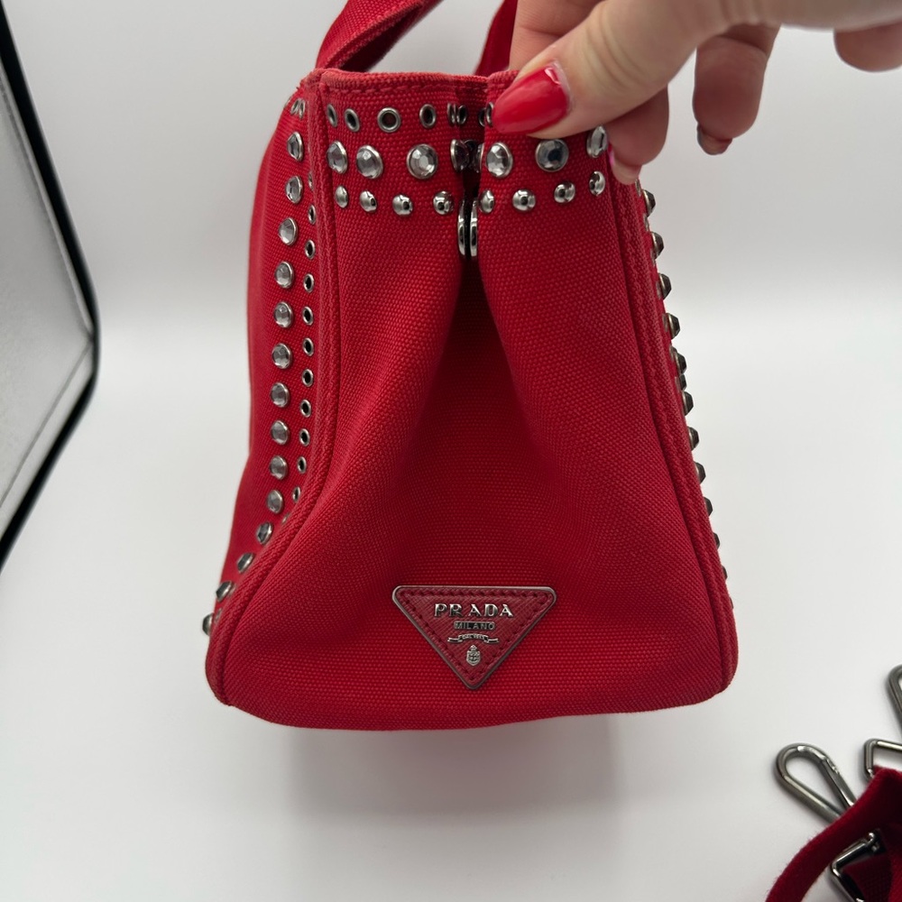 Prada Canapa Red Studded Tote Bag - Picture 6 of 11
